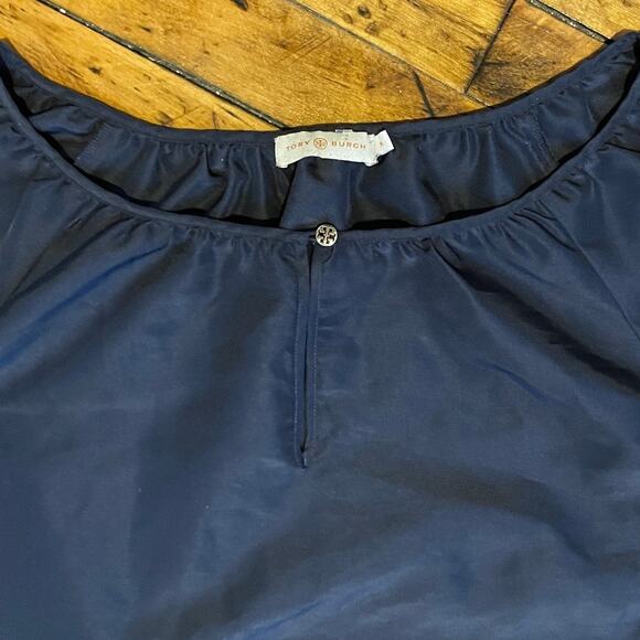 Tory Burch Bubble Sleeve Lightweight Blouse Navy Blue Top Shirt - Picture 2 of 5